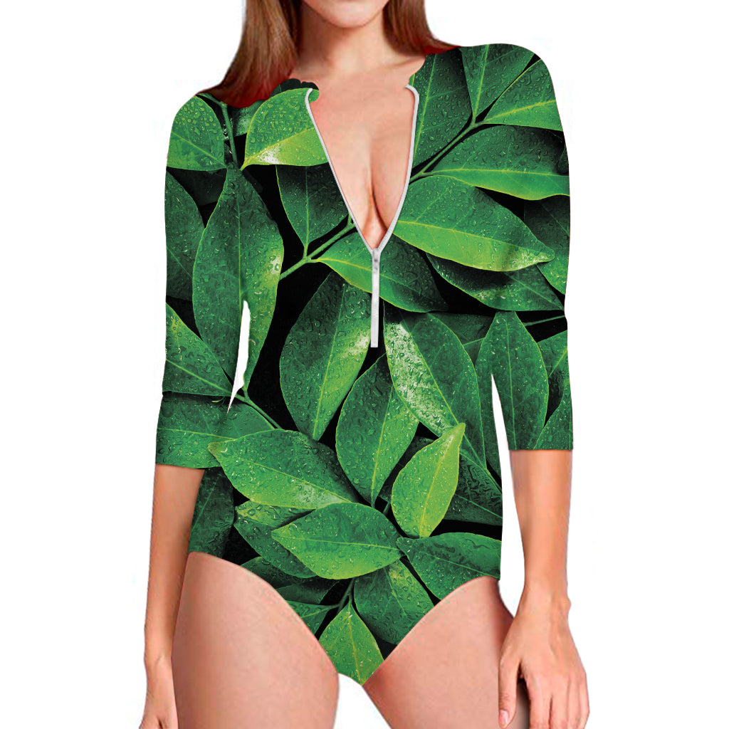 Fresh Green Leaf Print Long Sleeve One Piece Swimsuit