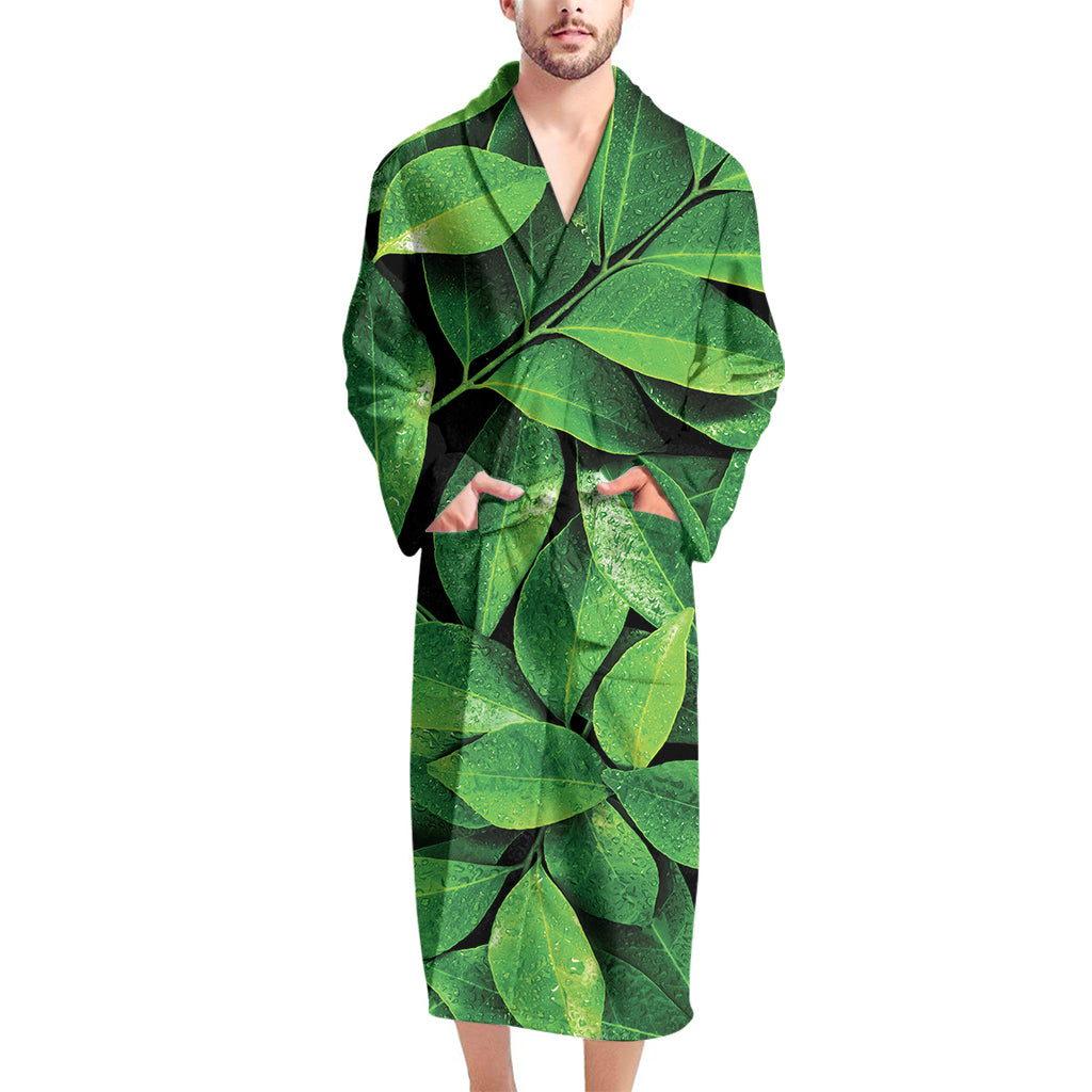 Fresh Green Leaf Print Men's Bathrobe