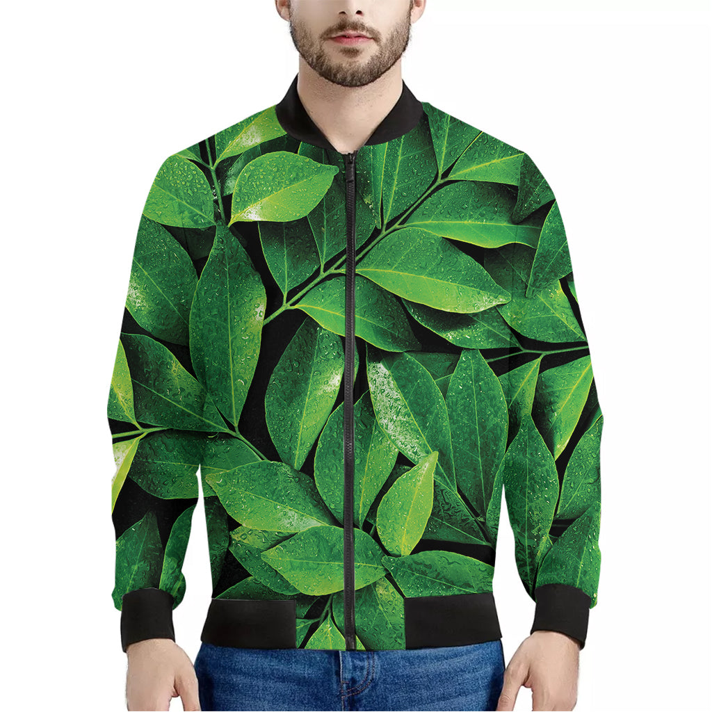 Fresh Green Leaf Print Men's Bomber Jacket