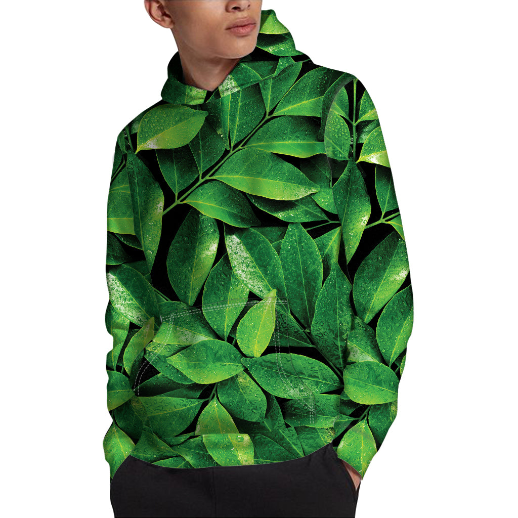 Fresh Green Leaf Print Pullover Hoodie