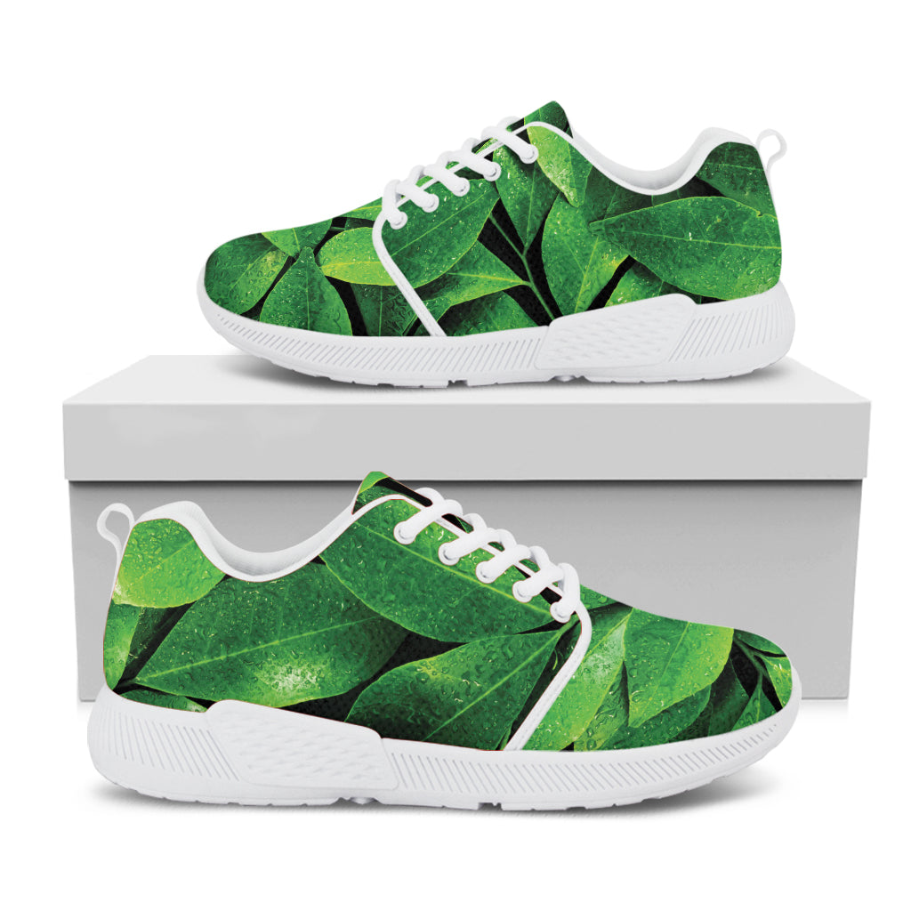 Fresh Green Leaf Print White Athletic Shoes