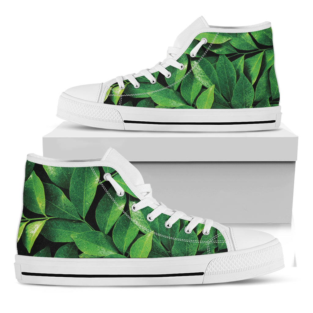 Fresh Green Leaf Print White High Top Shoes