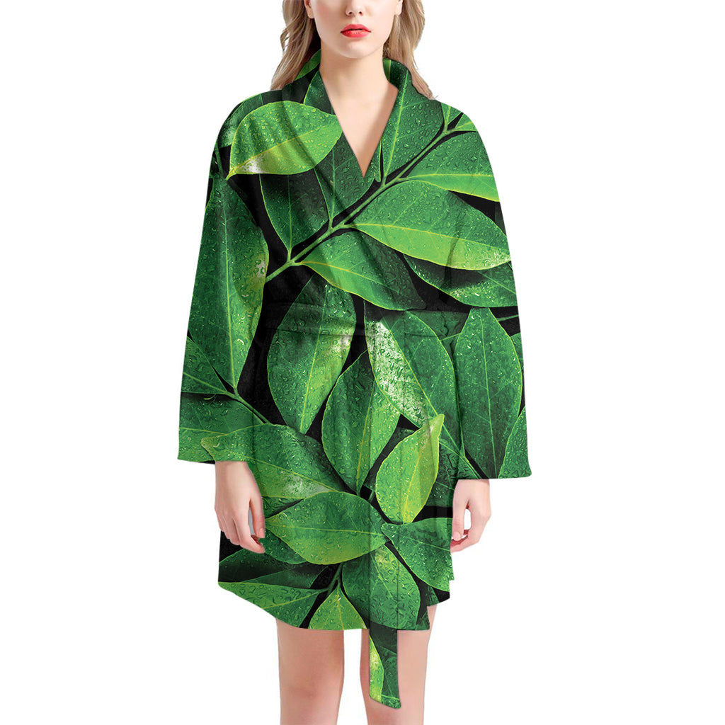 Fresh Green Leaf Print Women's Bathrobe