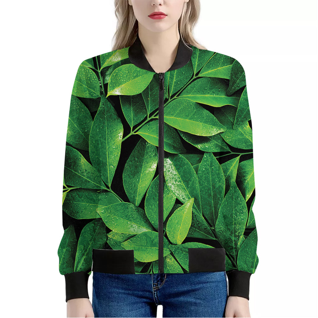 Fresh Green Leaf Print Women's Bomber Jacket