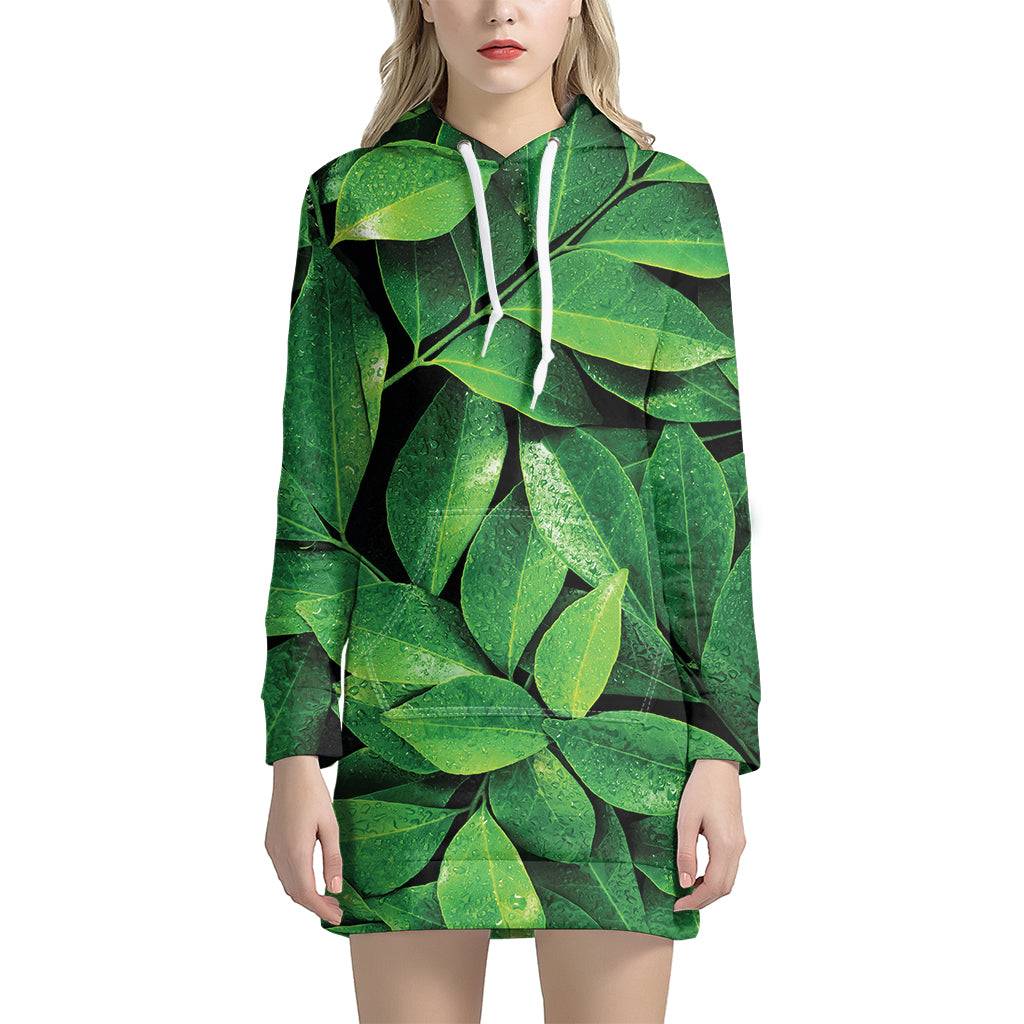 Fresh Green Leaf Print Women's Pullover Hoodie Dress