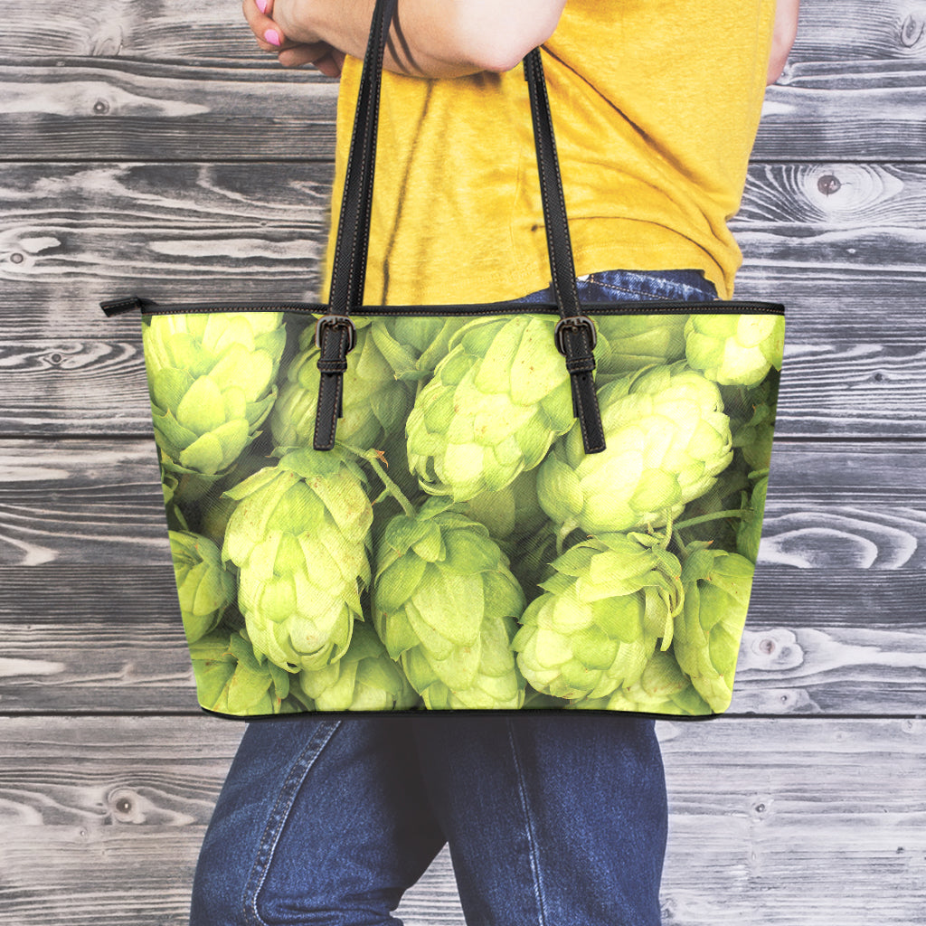 Fresh Hop Cone Print Leather Tote Bag