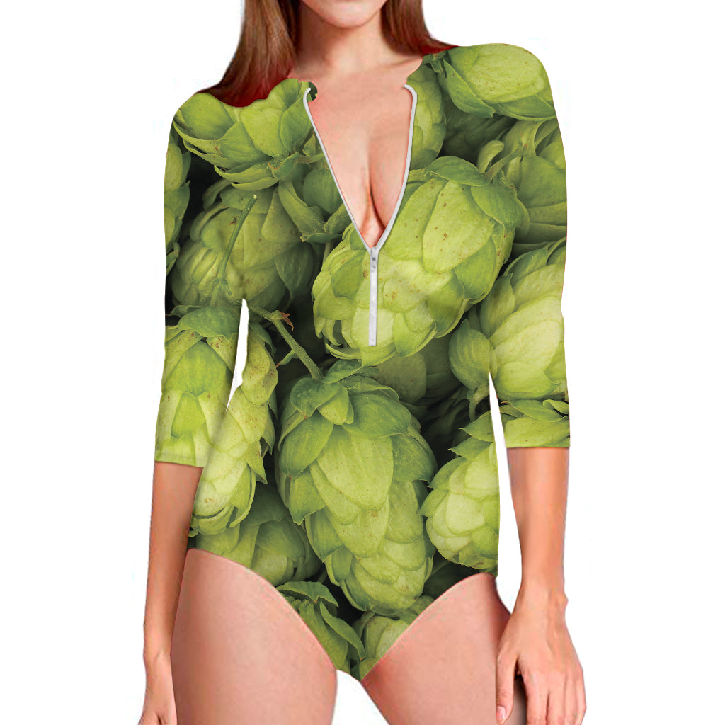 Fresh Hop Cone Print Long Sleeve One Piece Swimsuit