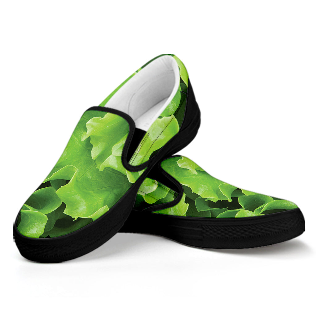 Fresh Lettuce Leaves Print Black Slip On Shoes