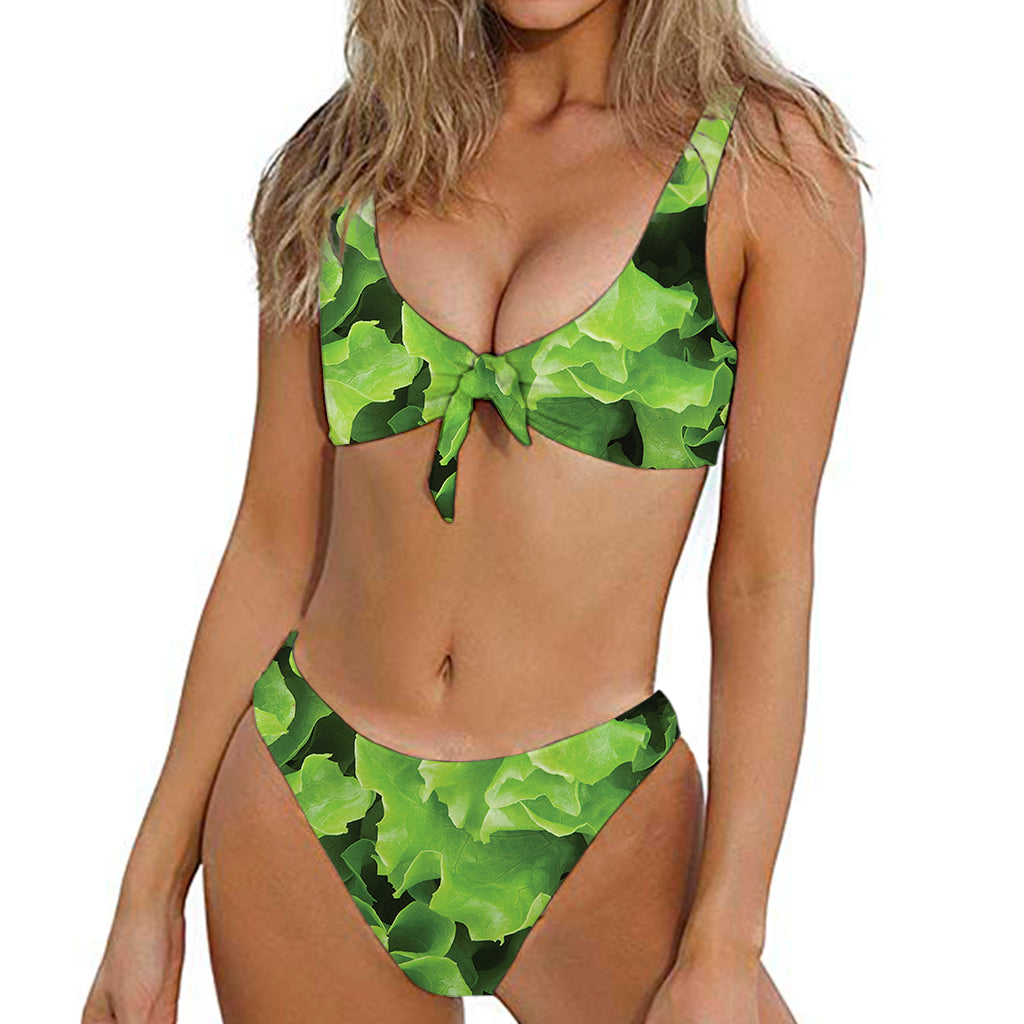 Fresh Lettuce Leaves Print Front Bow Tie Bikini