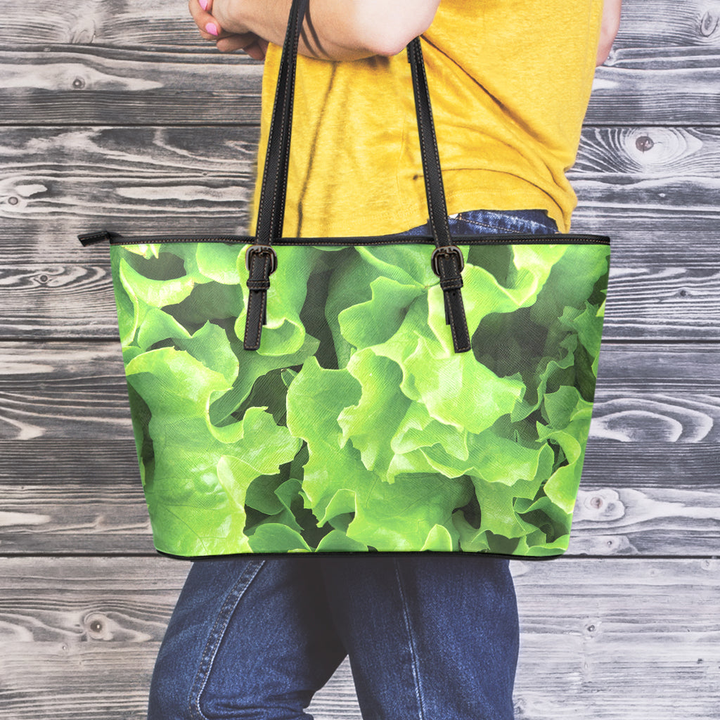 Fresh Lettuce Leaves Print Leather Tote Bag