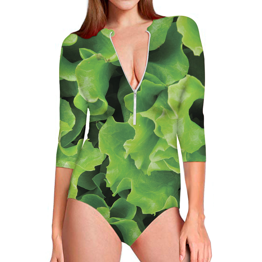 Fresh Lettuce Leaves Print Long Sleeve One Piece Swimsuit