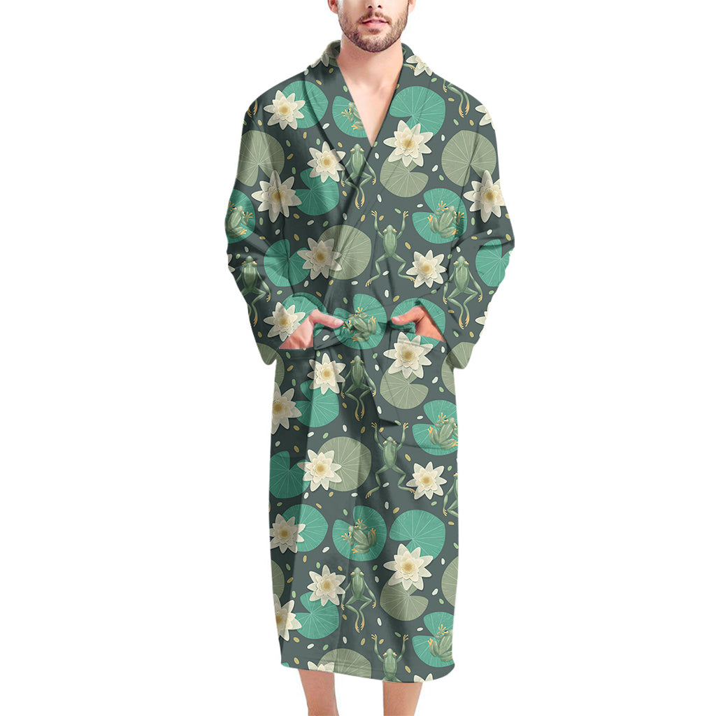 Frogs And Water Lilies Pattern Print Men's Bathrobe