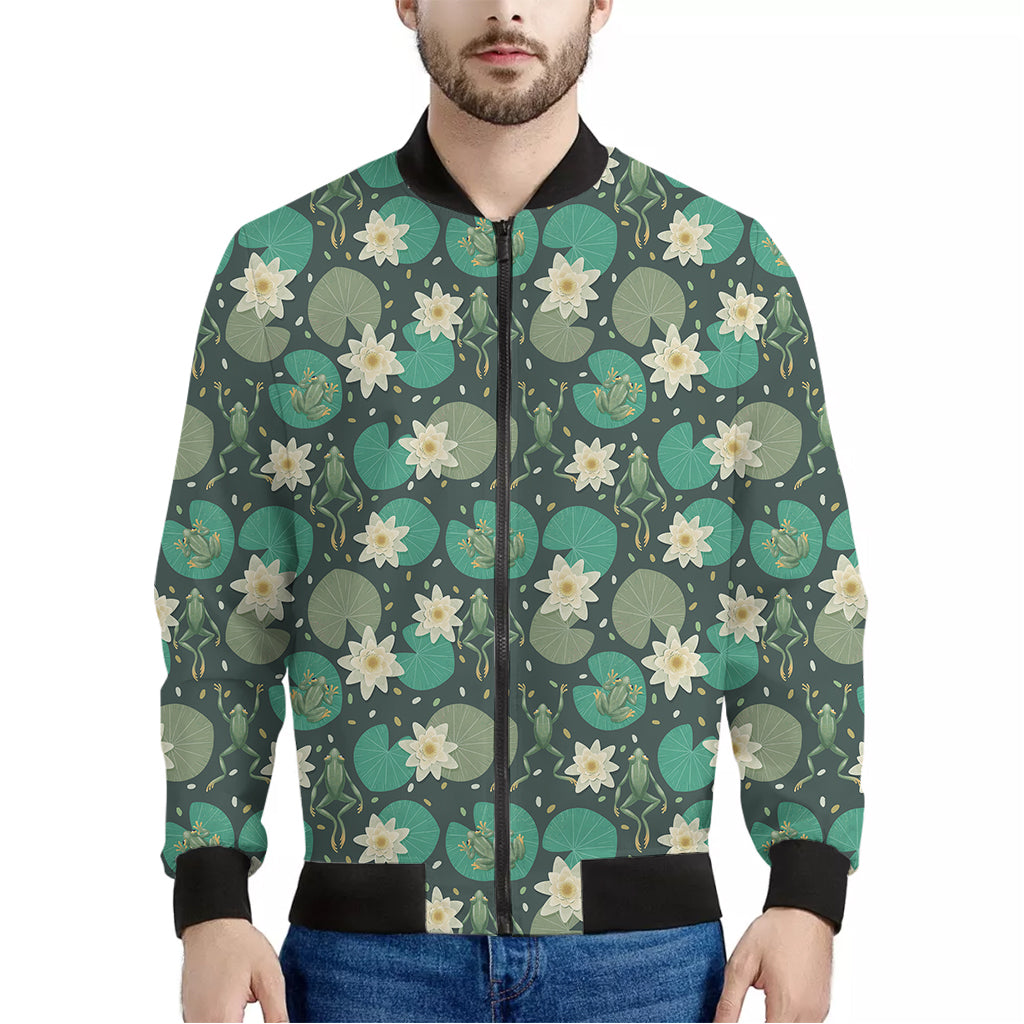 Frogs And Water Lilies Pattern Print Men's Bomber Jacket