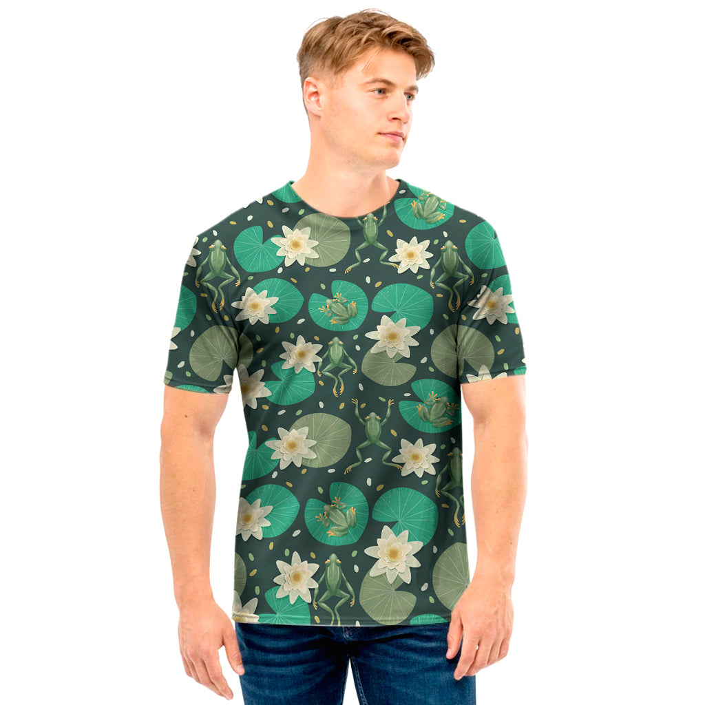 Frogs And Water Lilies Pattern Print Men's T-Shirt