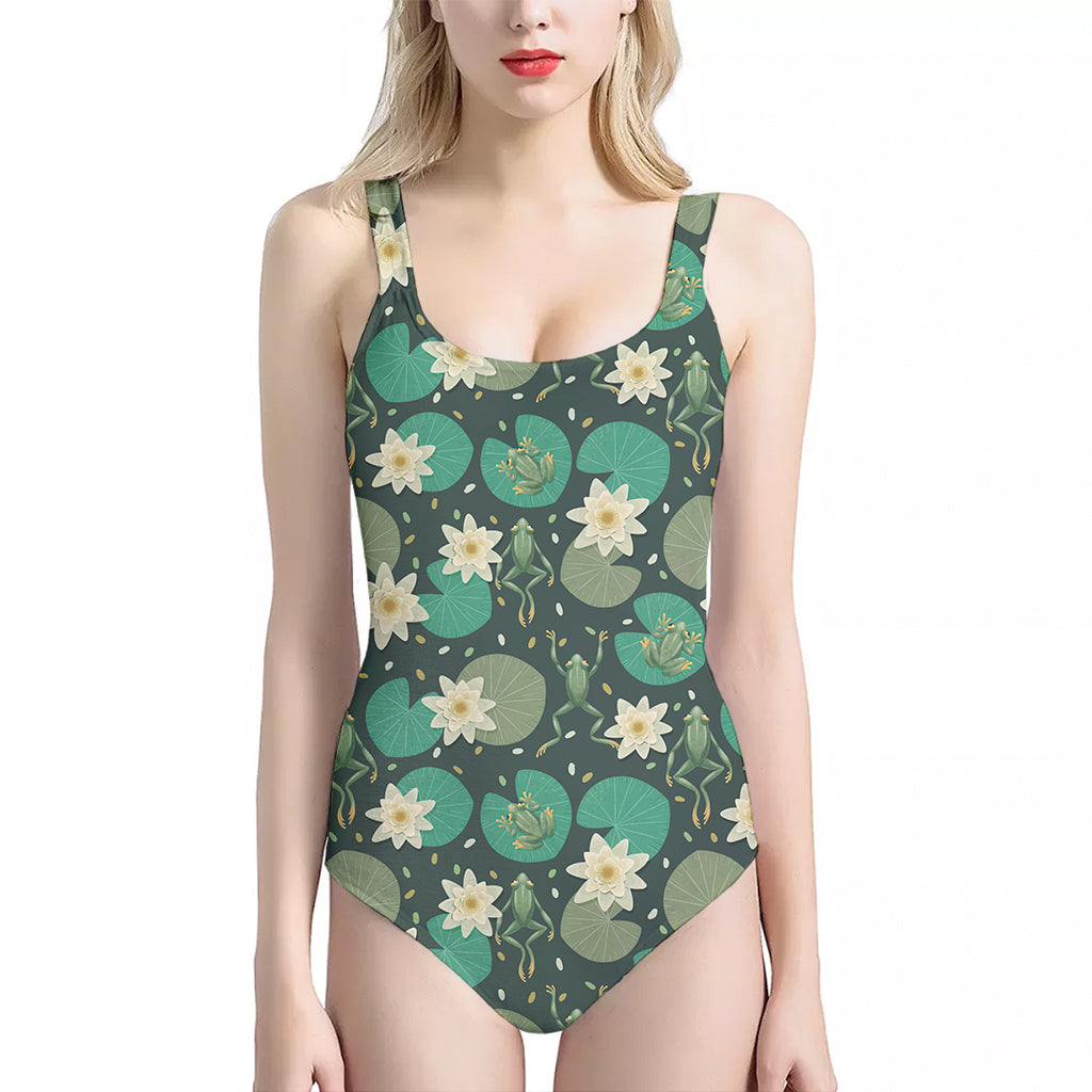 Frogs And Water Lilies Pattern Print One Piece Halter Neck Swimsuit