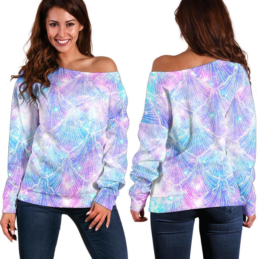 Galaxy Mermaid Scales Pattern Print Women's Off-Shoulder Sweatshirt