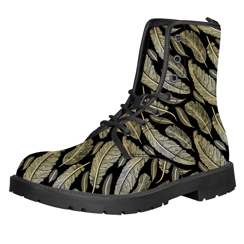 Gold And Black Feather Pattern Print Leather Boots