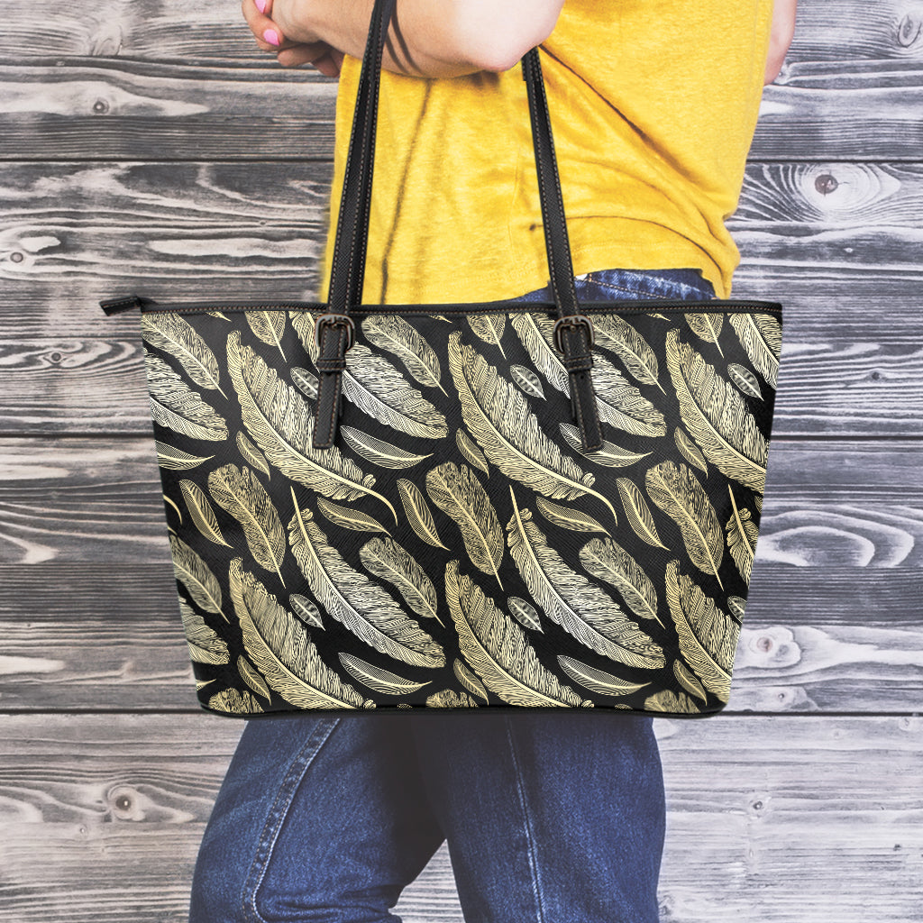 Gold And Black Feather Pattern Print Leather Tote Bag