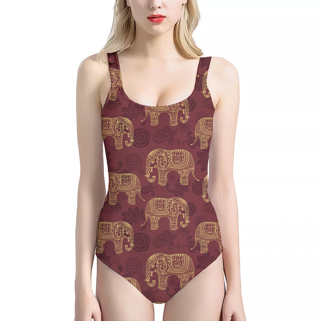 Gold And Red Boho Elephant Print One Piece Halter Neck Swimsuit