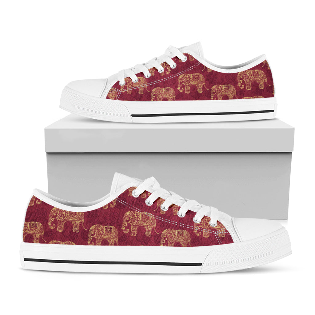 Gold And Red Boho Elephant Print White Low Top Shoes