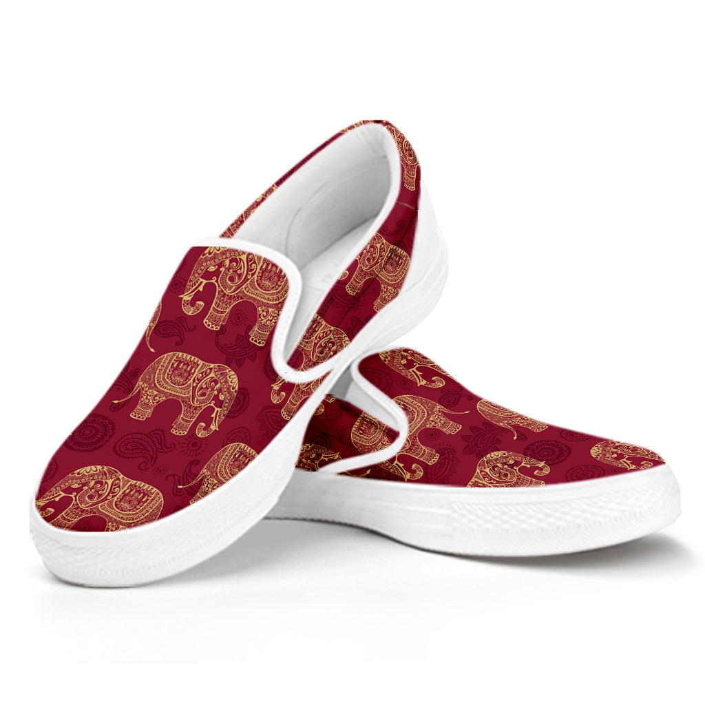 Gold And Red Boho Elephant Print White Slip On Shoes