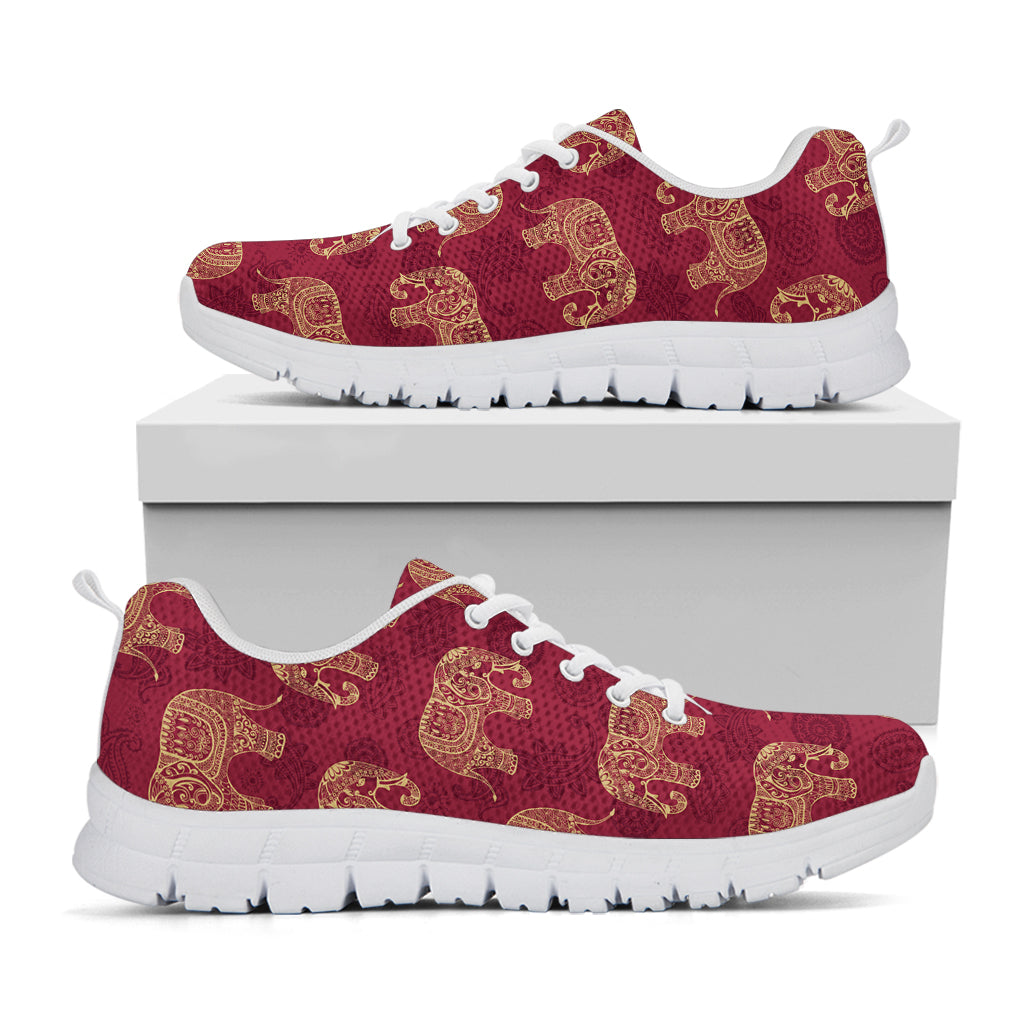 Gold And Red Boho Elephant Print White Sneakers
