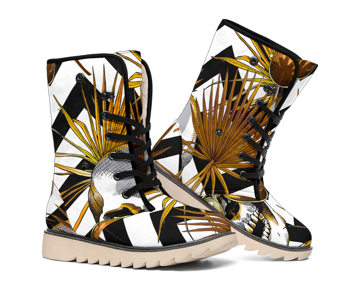 Gold Tropical Skull Pattern Print Winter Boots