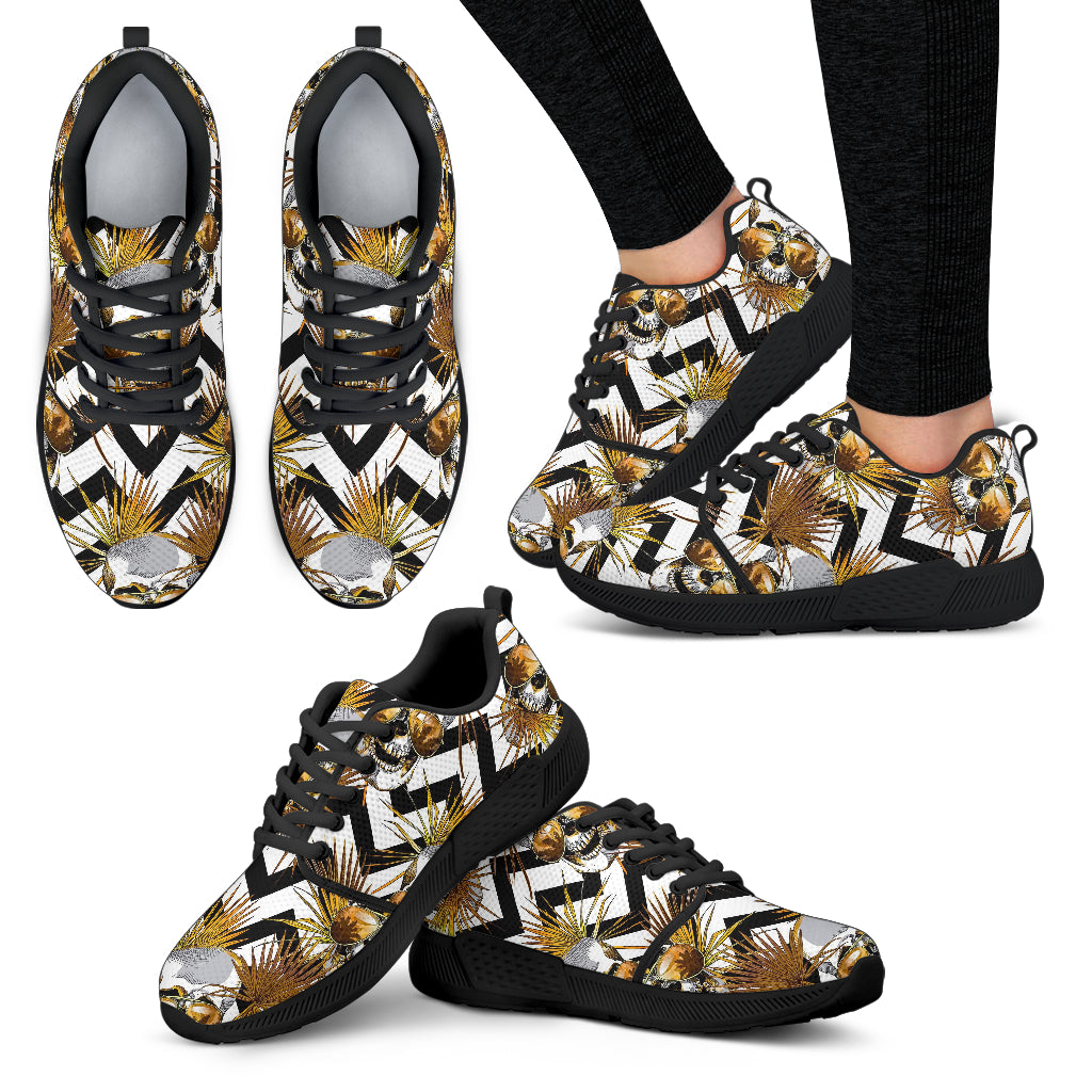 Gold Tropical Skull Pattern Print Women's Athletic Shoes