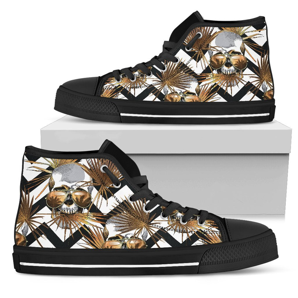Gold Tropical Skull Pattern Print Women's High Top Shoes