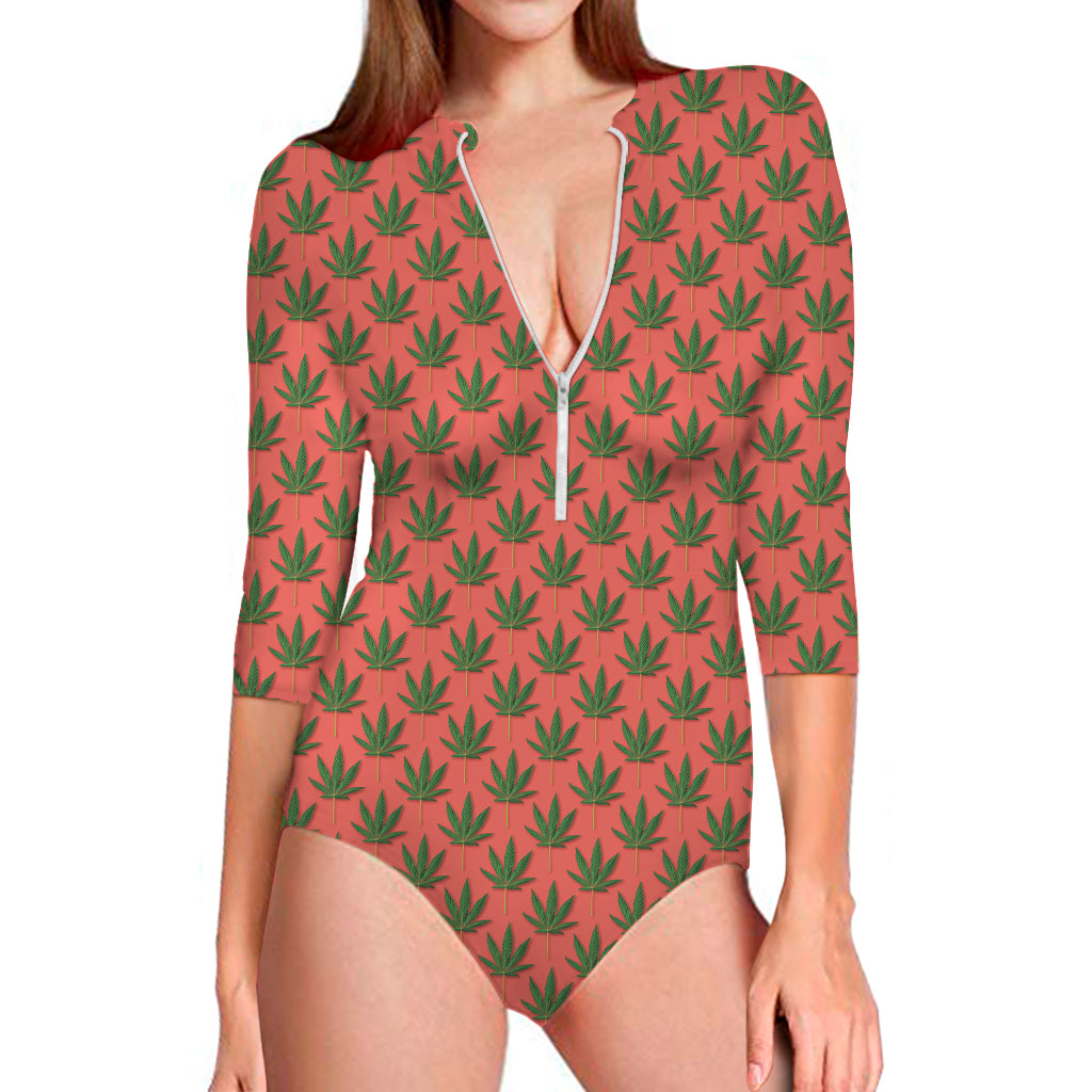 Green And Pink Cannabis Leaf Print Long Sleeve One Piece Swimsuit