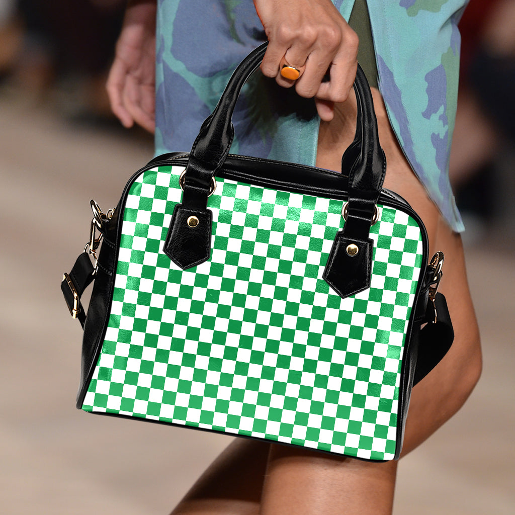 Green And White Checkered Pattern Print Shoulder Handbag
