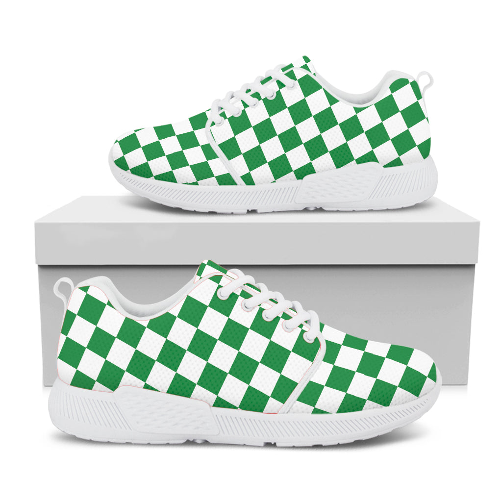 Green And White Checkered Pattern Print White Athletic Shoes