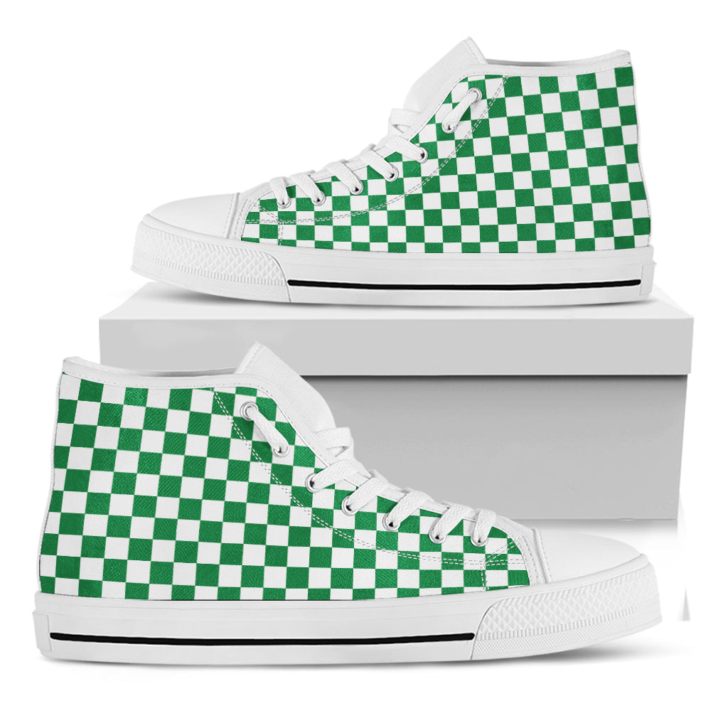 Green And White Checkered Pattern Print White High Top Shoes