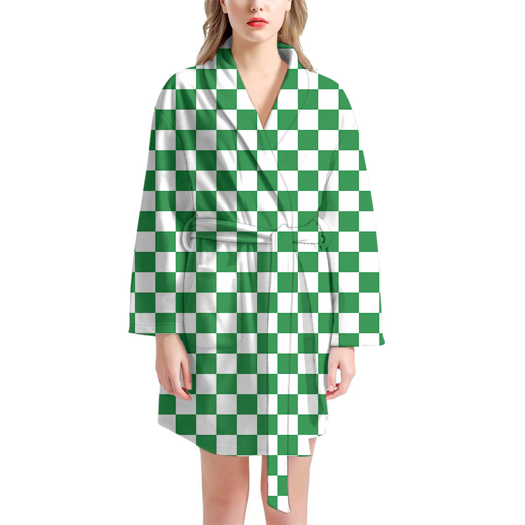 Green And White Checkered Pattern Print Women's Bathrobe