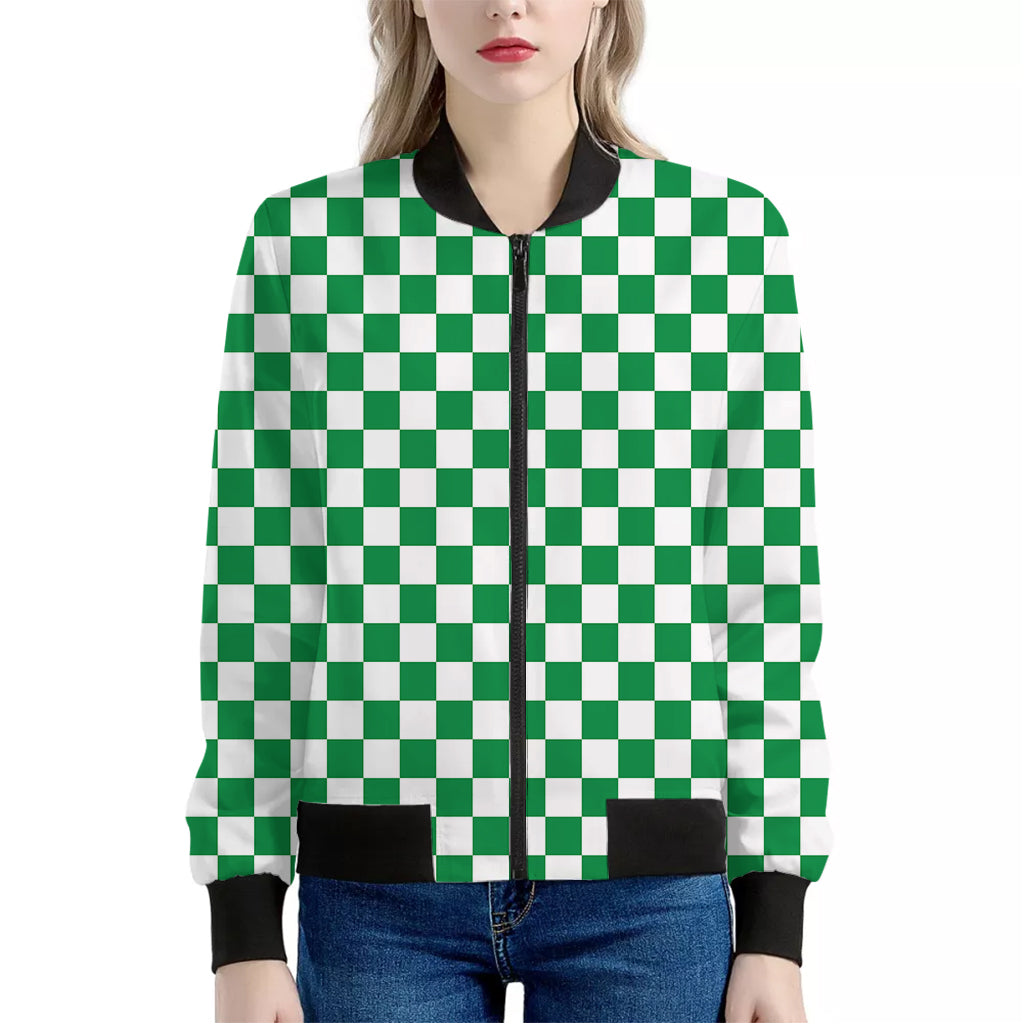 Green And White Checkered Pattern Print Women's Bomber Jacket
