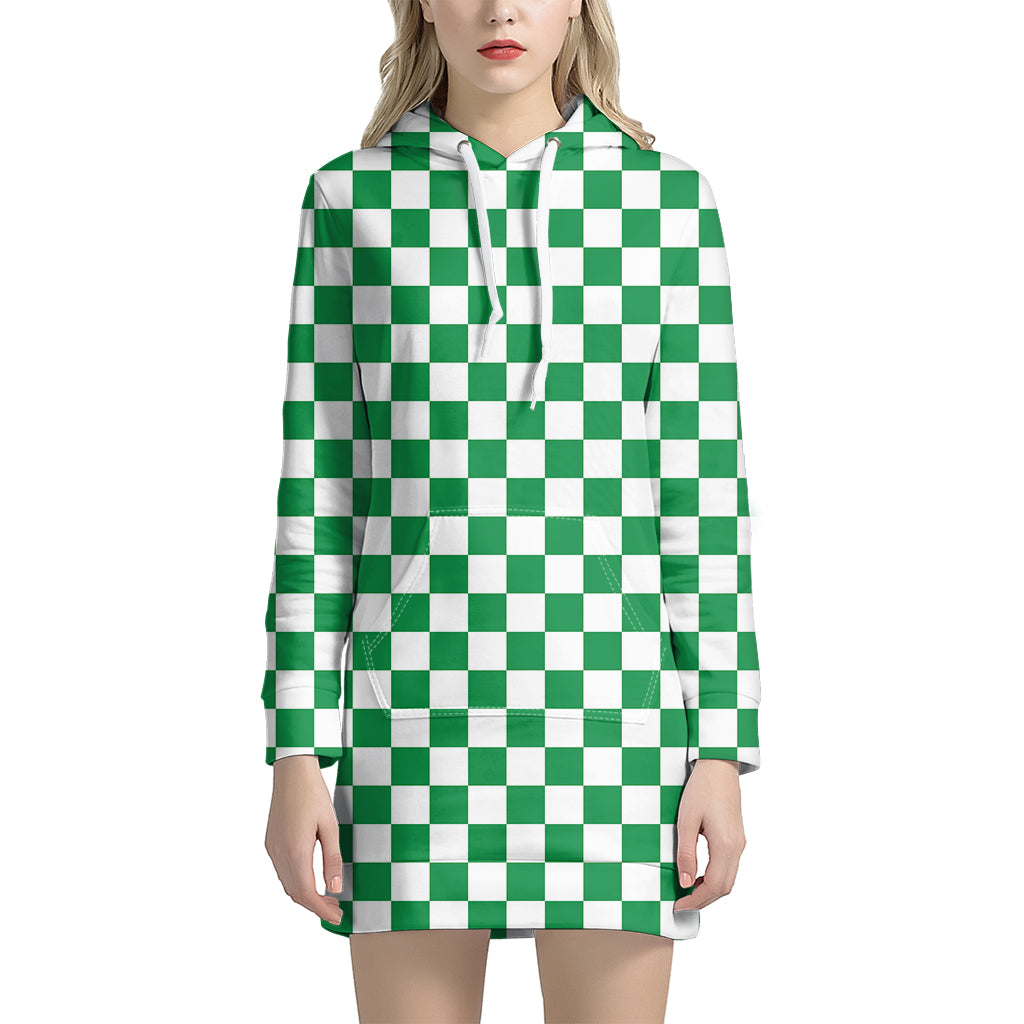 Green And White Checkered Pattern Print Women's Pullover Hoodie Dress