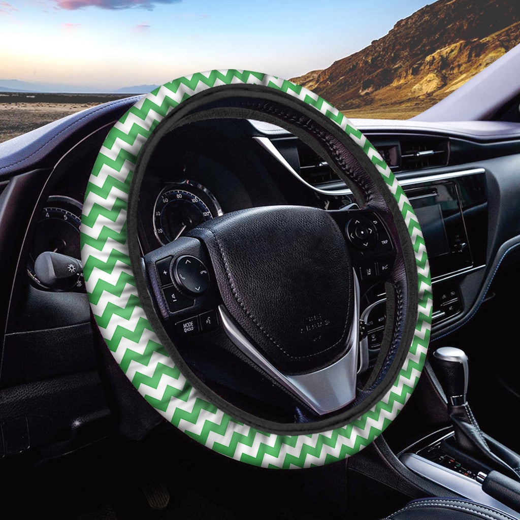 Green And White Chevron Pattern Print Car Steering Wheel Cover