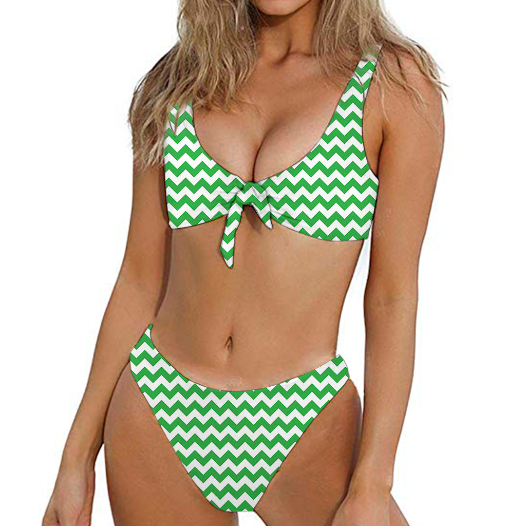 Green And White Chevron Pattern Print Front Bow Tie Bikini