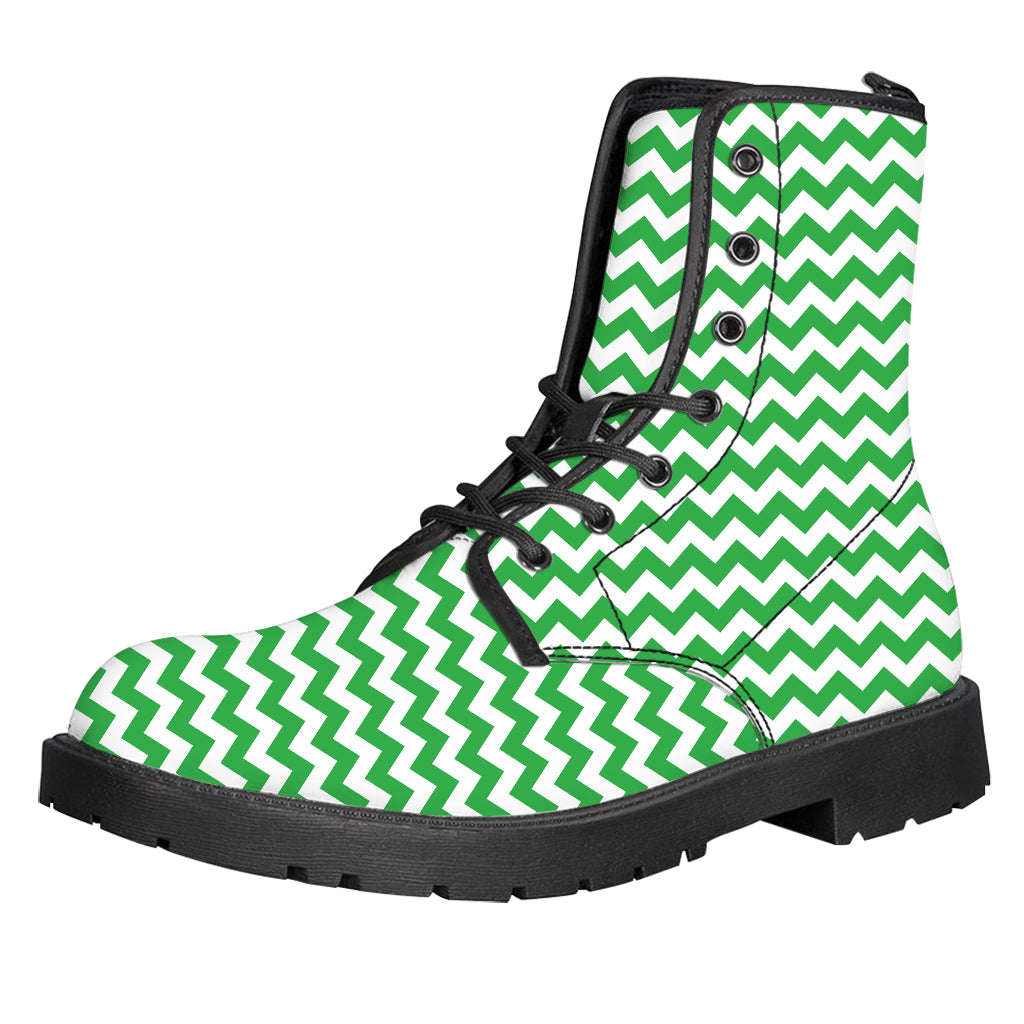 Green And White Chevron Pattern Print Leather Boots