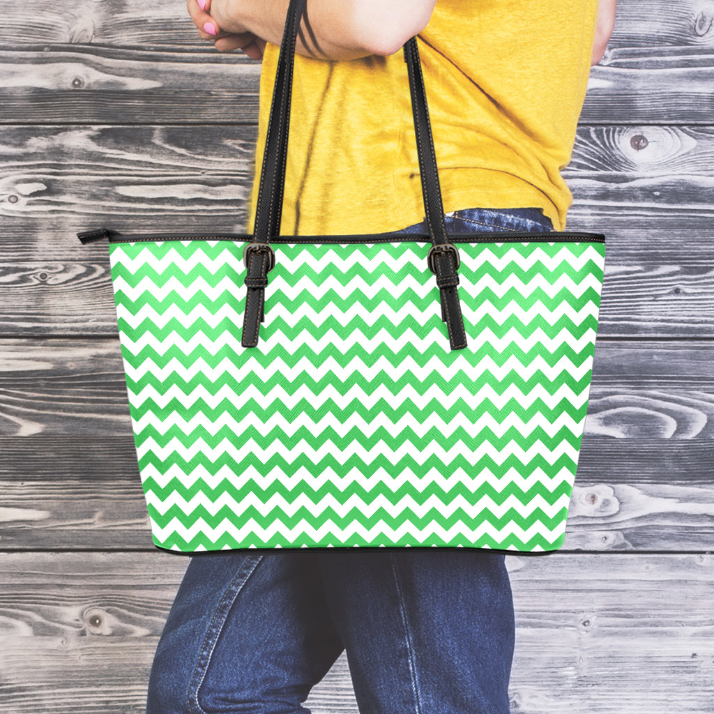 Green And White Chevron Pattern Print Leather Tote Bag