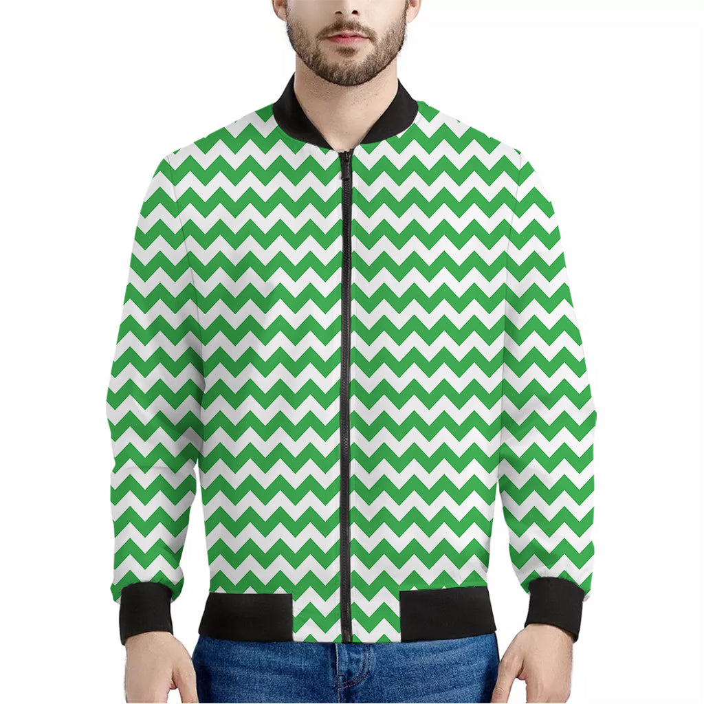 Green And White Chevron Pattern Print Men's Bomber Jacket