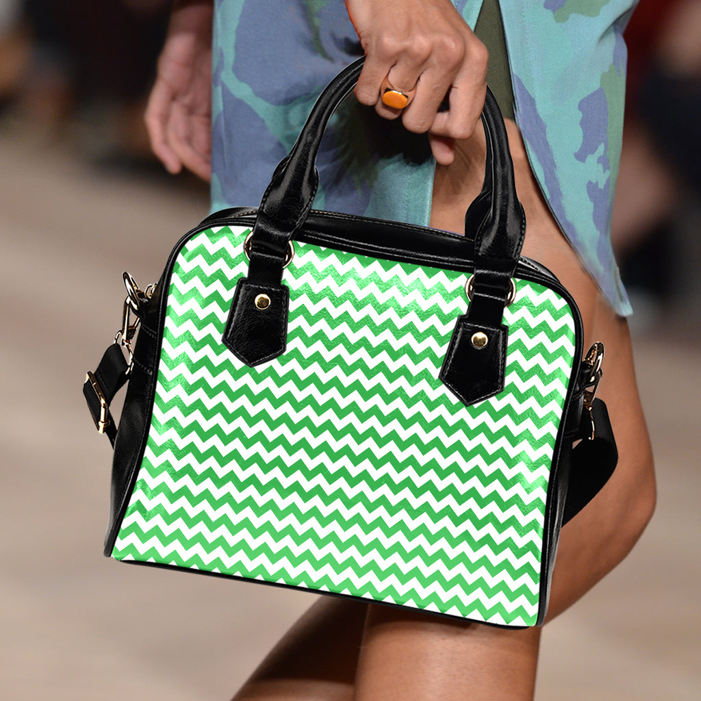 Green And White Chevron Pattern Print Shoulder Handbag