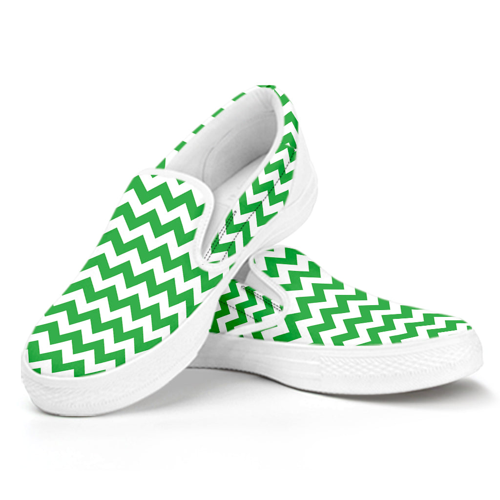 Green And White Chevron Pattern Print White Slip On Shoes