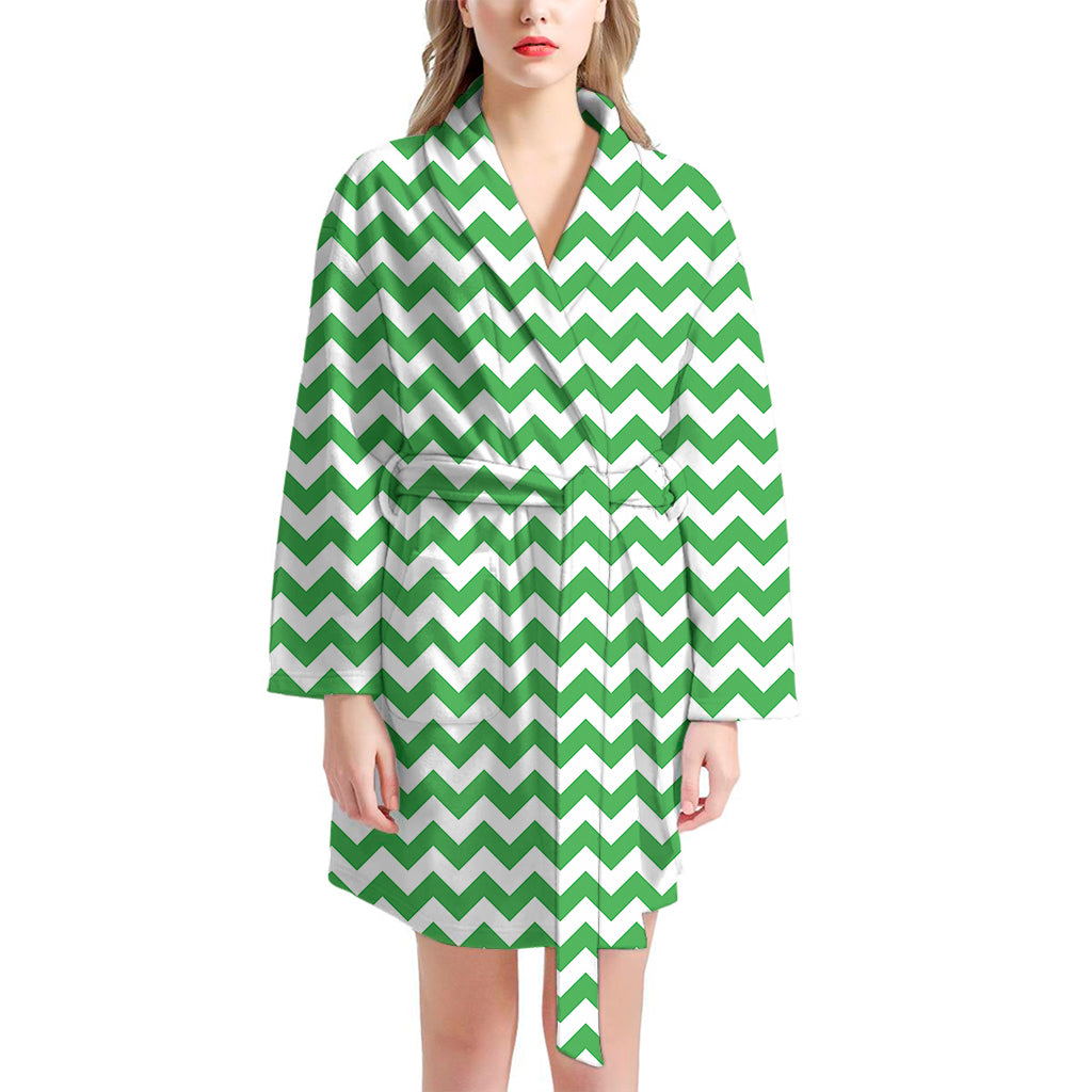 Green And White Chevron Pattern Print Women's Bathrobe