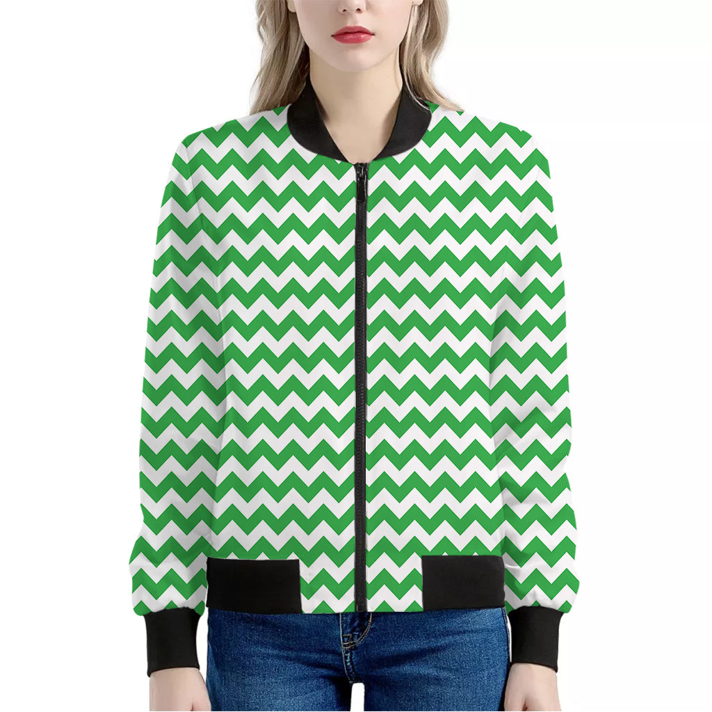 Green And White Chevron Pattern Print Women's Bomber Jacket