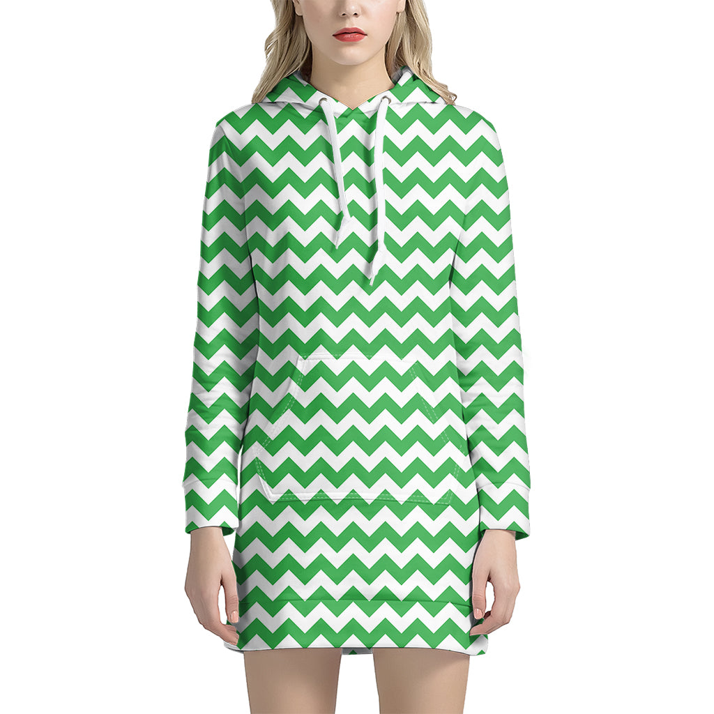 Green And White Chevron Pattern Print Women's Pullover Hoodie Dress
