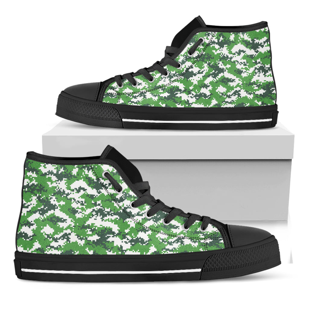 Green And White Digital Camo Print Black High Top Shoes