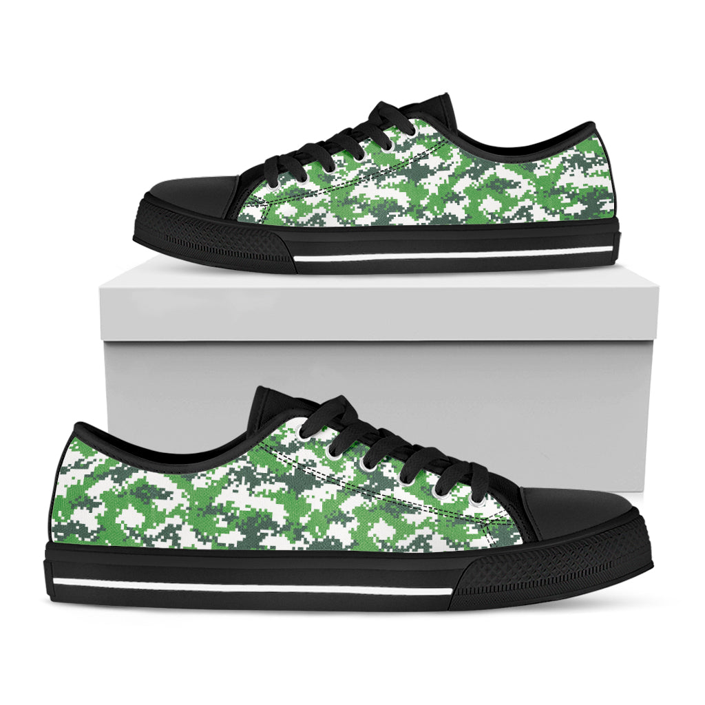 Green And White Digital Camo Print Black Low Top Shoes