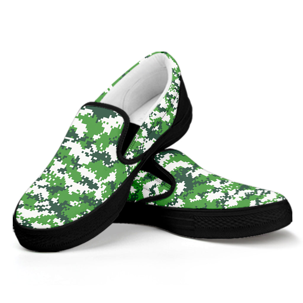 Green And White Digital Camo Print Black Slip On Shoes