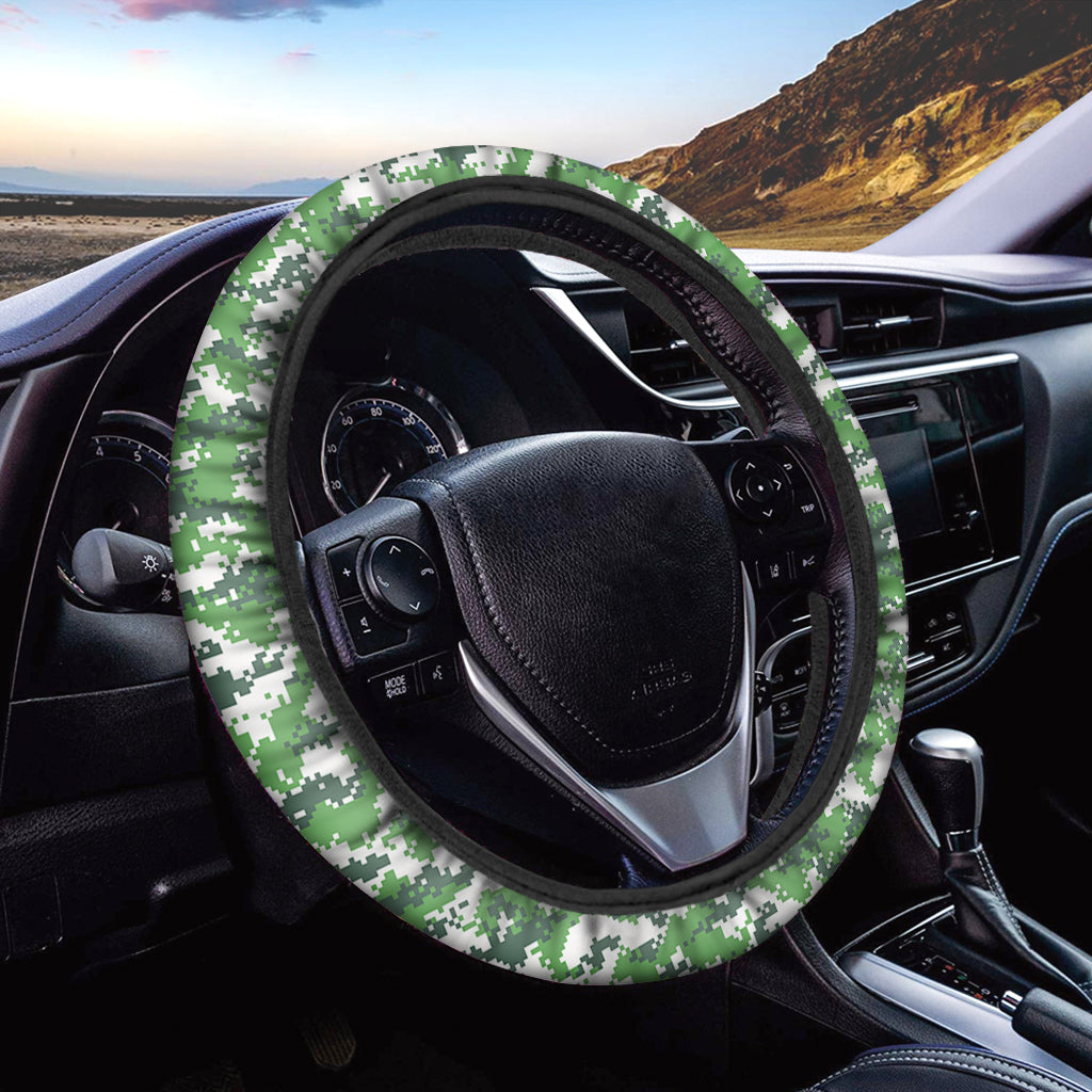 Green And White Digital Camo Print Car Steering Wheel Cover